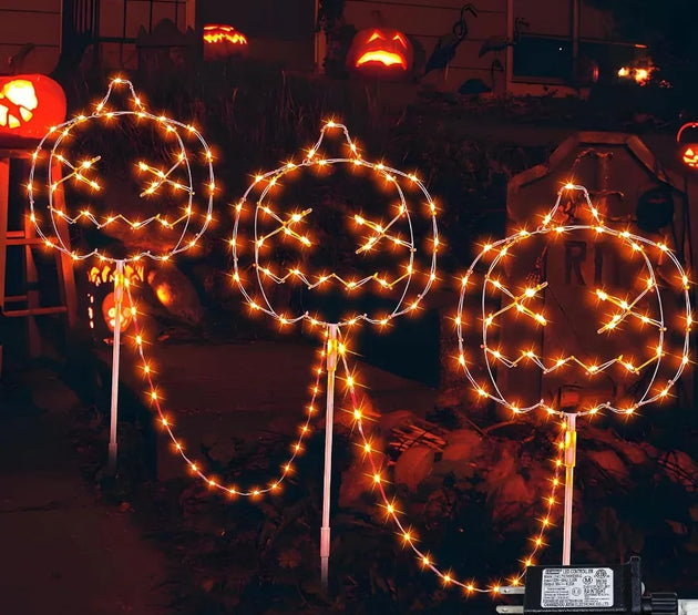 Halloween Garden Lights for Outside 3 Pack Orange Halloween Light Plug in Timer 8 Modes Pumpkin Lights with Stake Outdoor Water