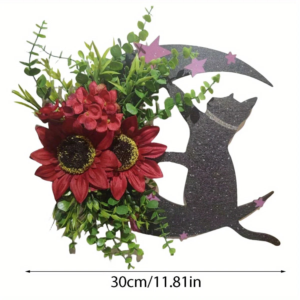 Halloween Moon Cat Wreath, 11.81 Inch Moon Shape Artificial Flower Wreath with Cat, Halloween Wreath for Front Door Wall