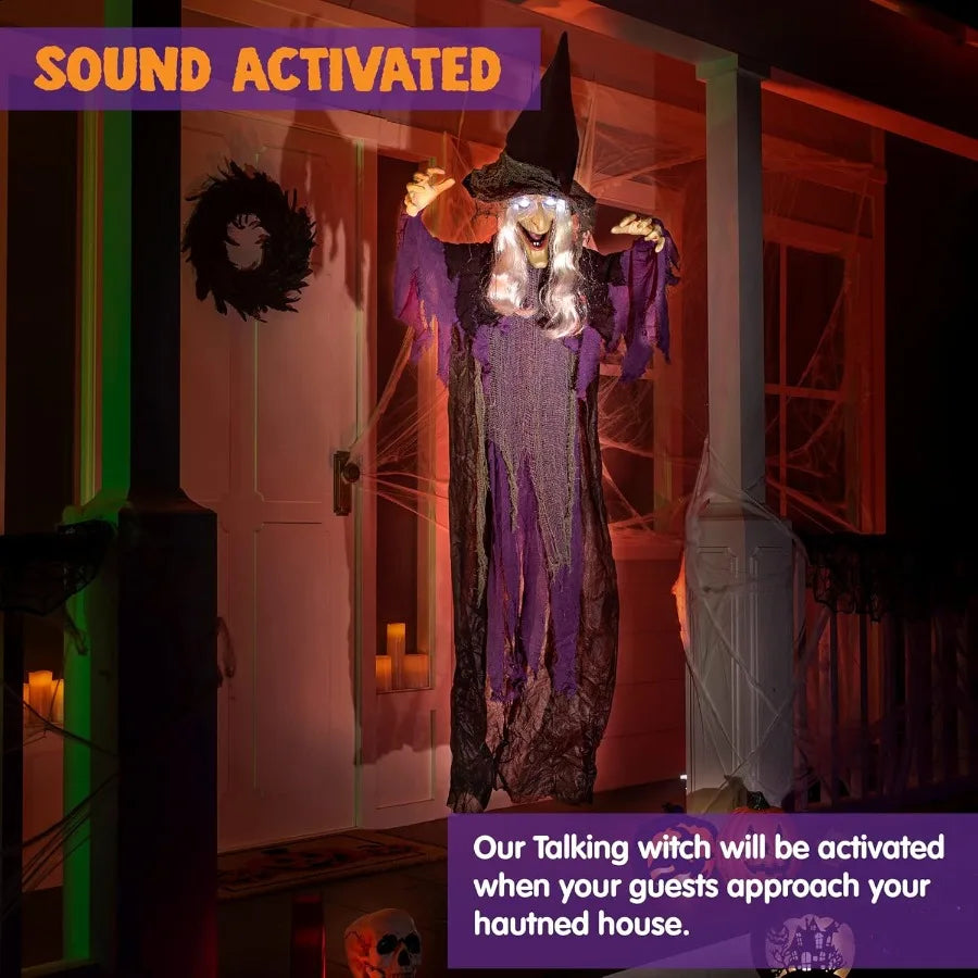 JOYIN 72 Halloween Hanging Witch Decorations Outdoor Flying Talking Ghost Decor Light Up Eyes Sound Activated Outside Indoor Ha