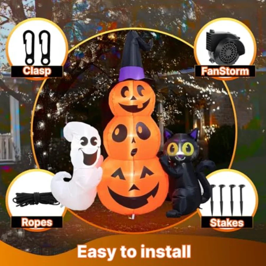 6 FT Halloween Inflatables Pumpkin Stack with Ghost and Black Cat Outdoor Decorations Featuring Builtin LED Lights for Spooky A