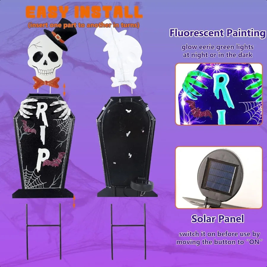 Joliyoou Halloween Yard Stake 26.4 Solar Lighted Metal Tombstone with Glow in The Dark Ghosts 18 LED Purple Lights Spooky Yard