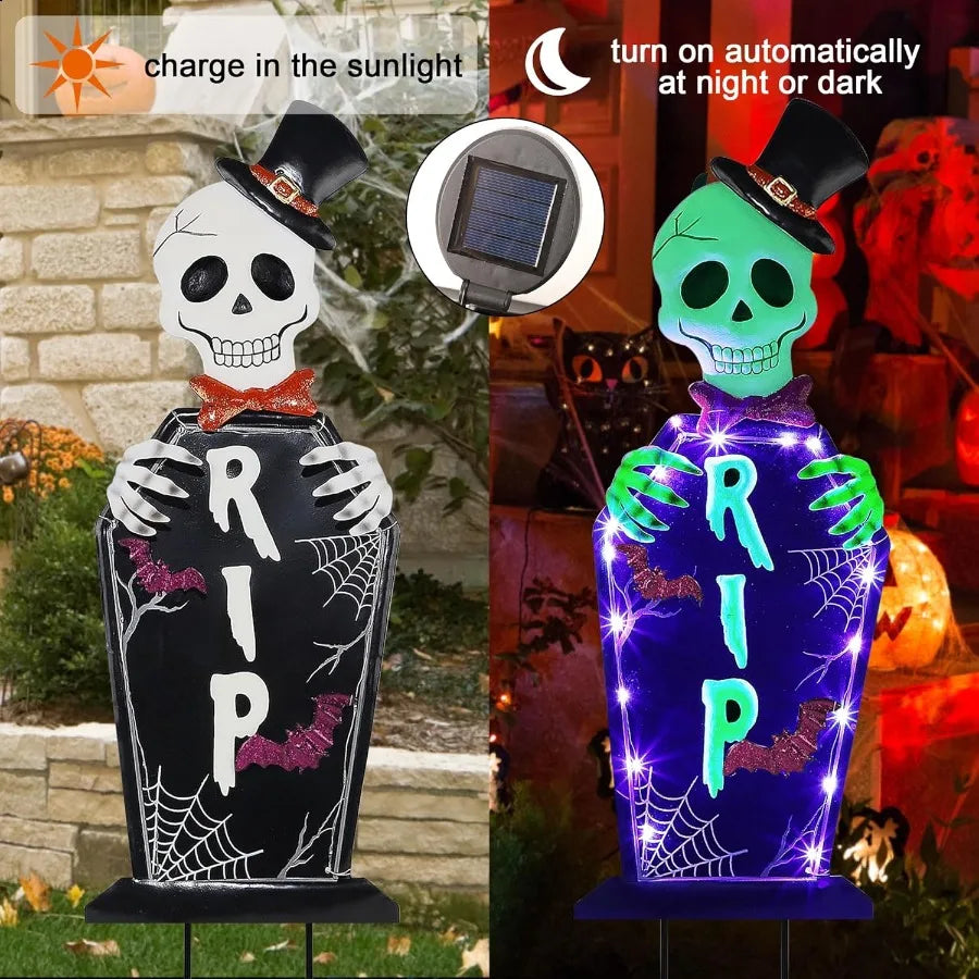 Joliyoou Halloween Yard Stake 26.4 Solar Lighted Metal Tombstone with Glow in The Dark Ghosts 18 LED Purple Lights Spooky Yard