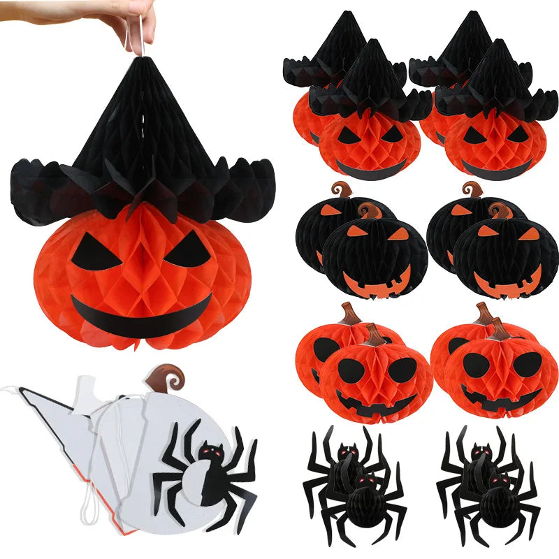 8Pcs/set 3D Spider Pumpkin Honeycomb Ball for Halloween Party Decoration Hanging Paper Lantern Crafts Home Indoor Outdoor Decor