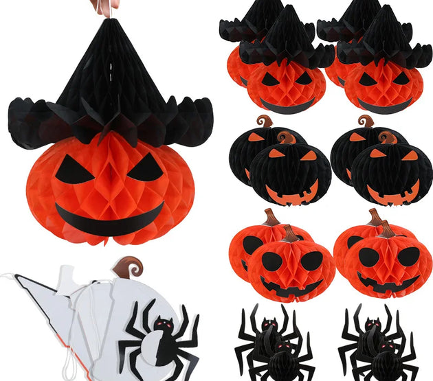 8Pcs/set 3D Spider Pumpkin Honeycomb Ball for Halloween Party Decoration Hanging Paper Lantern Crafts Home Indoor Outdoor Decor