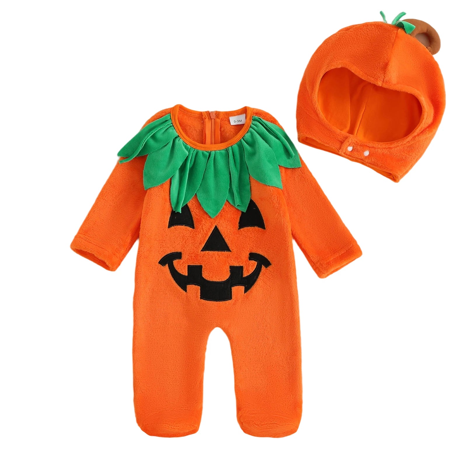 Infant Halloween Costume Set with Long Sleeve Pumpkin Romper Footed Jumpsuit and Matching Hat for Baby Girl