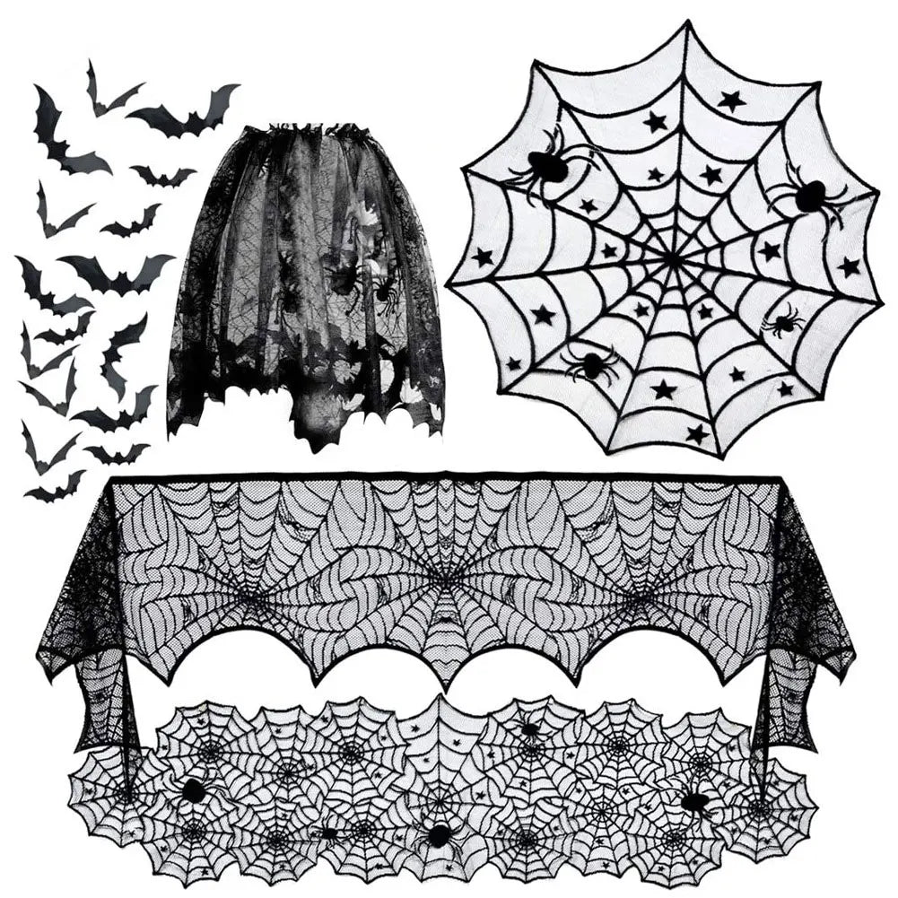 Halloween Decorations Black Lace Spider Web Tablecloth Runner Fireplace Scarf for Halloween Party Home Decoration