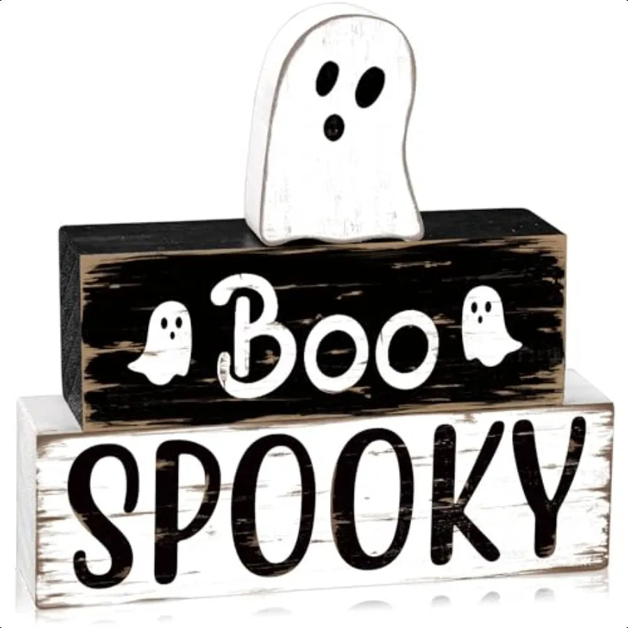 3 PCS Halloween Cute Ghost Wooden Block Sign Halloween Boo Spooky Tiered Tray Decor Wooden Ghost Theme Table Centerpieces for H