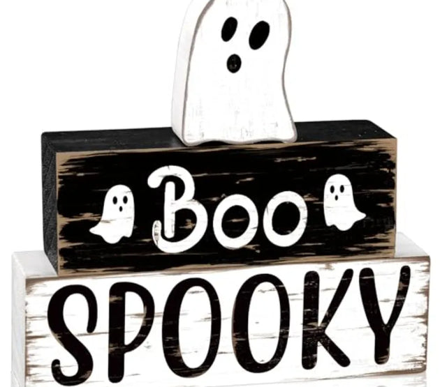 3 PCS Halloween Cute Ghost Wooden Block Sign Halloween Boo Spooky Tiered Tray Decor Wooden Ghost Theme Table Centerpieces for H