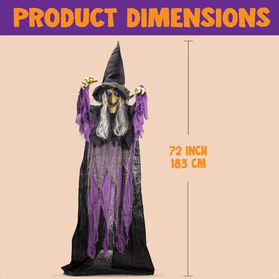 JOYIN 72 Halloween Hanging Witch Decorations Outdoor Flying Talking Ghost Decor Light Up Eyes Sound Activated Outside Indoor Ha