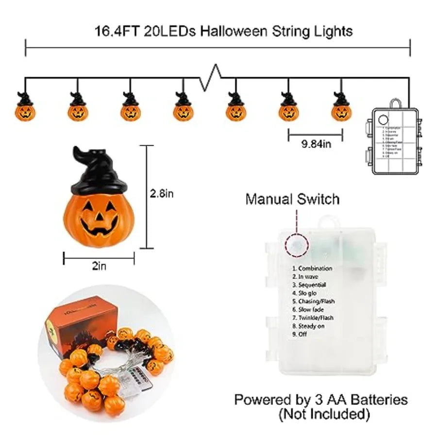 Halloween Pumpkin String Lights with Witch Hat 20 LED 16.4FT 8 Modes Timer 3D Waterproof Orange JackOLantern Battery Operated F