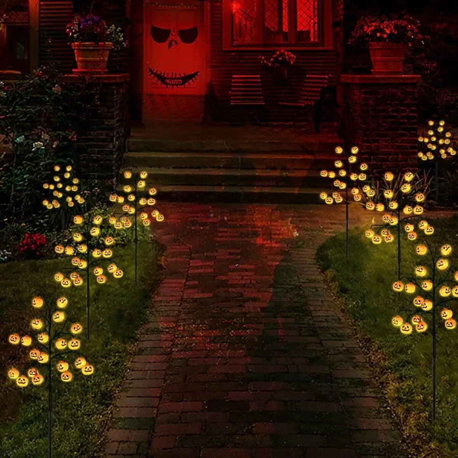 4 Pack 80 LED Halloween Solar Pumpkin Stake Lights for Outdoor Halloween Decorations Orange Jack O Lantern Pumpkins Solar Pathw