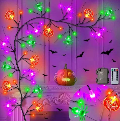 1.8m 54 LED Halloween Black Willow Vine String Lights With Bat Spider Pumpkin Decorative Lamp For Home Room Yard Halloween Decor