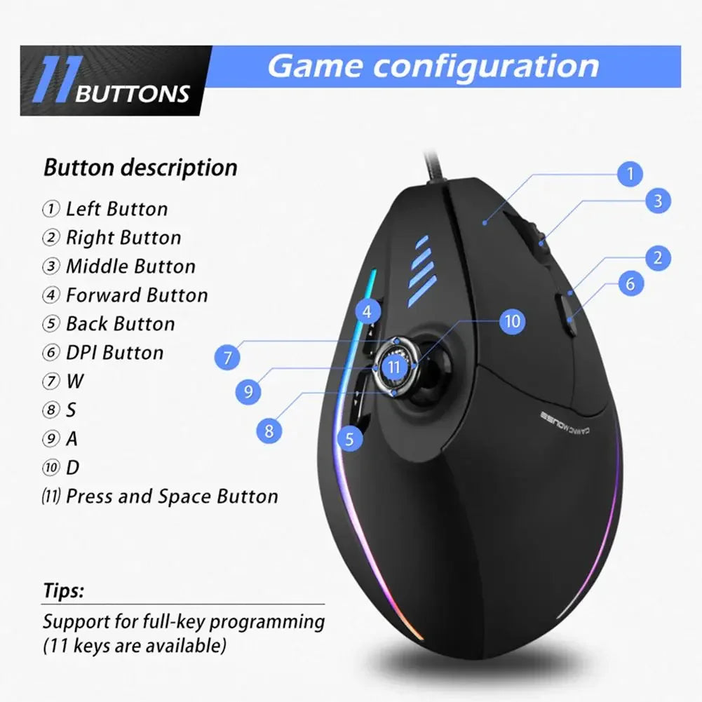 ZELOTES C-18 11 Buttons USB Wired 10000DPI RGB Optical Gaming Vertical Mouse