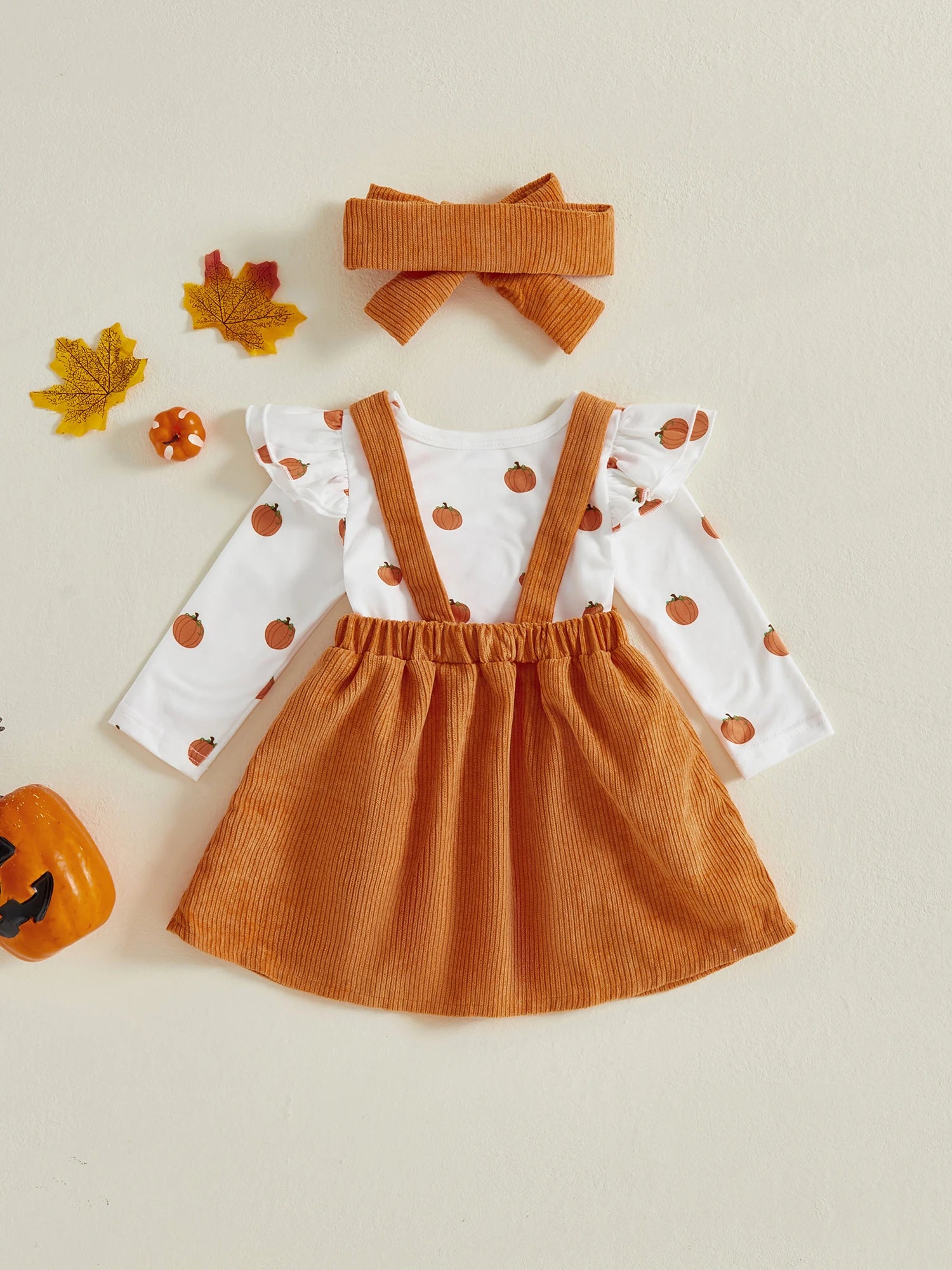 Adorable Toddler Girls Halloween Costume Set with Pumpkin Print Romper Suspender Dress and Headband - 3 Piece Outfit for Fall