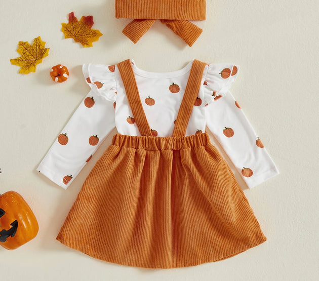 Adorable Toddler Girls Halloween Costume Set with Pumpkin Print Romper Suspender Dress and Headband - 3 Piece Outfit for Fall