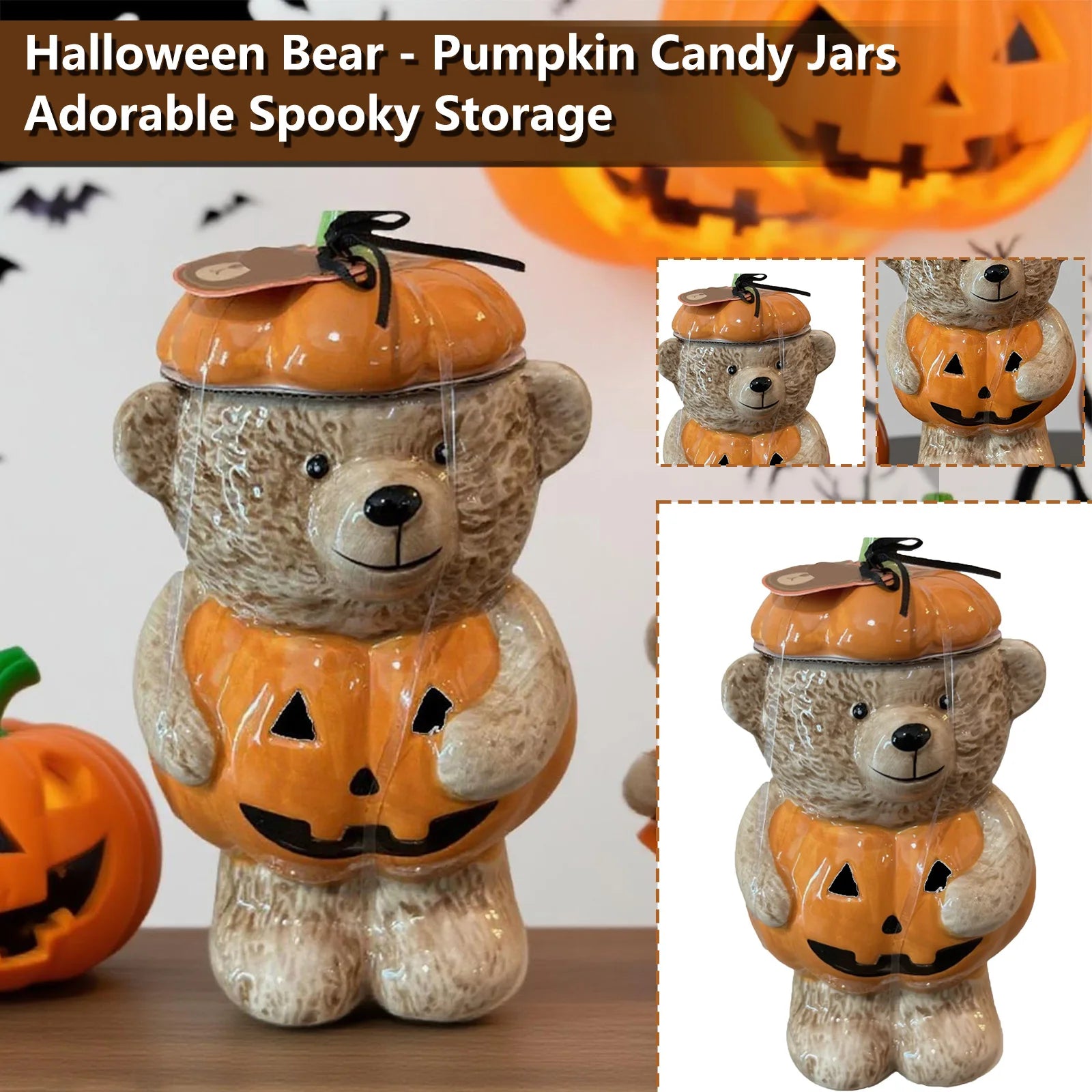 Bear-Shaped Halloween Cookie Jar with Lid - Multi-Purpose Decorative Storage for Candy, Kitchen Supplies, or Farmhouse Style