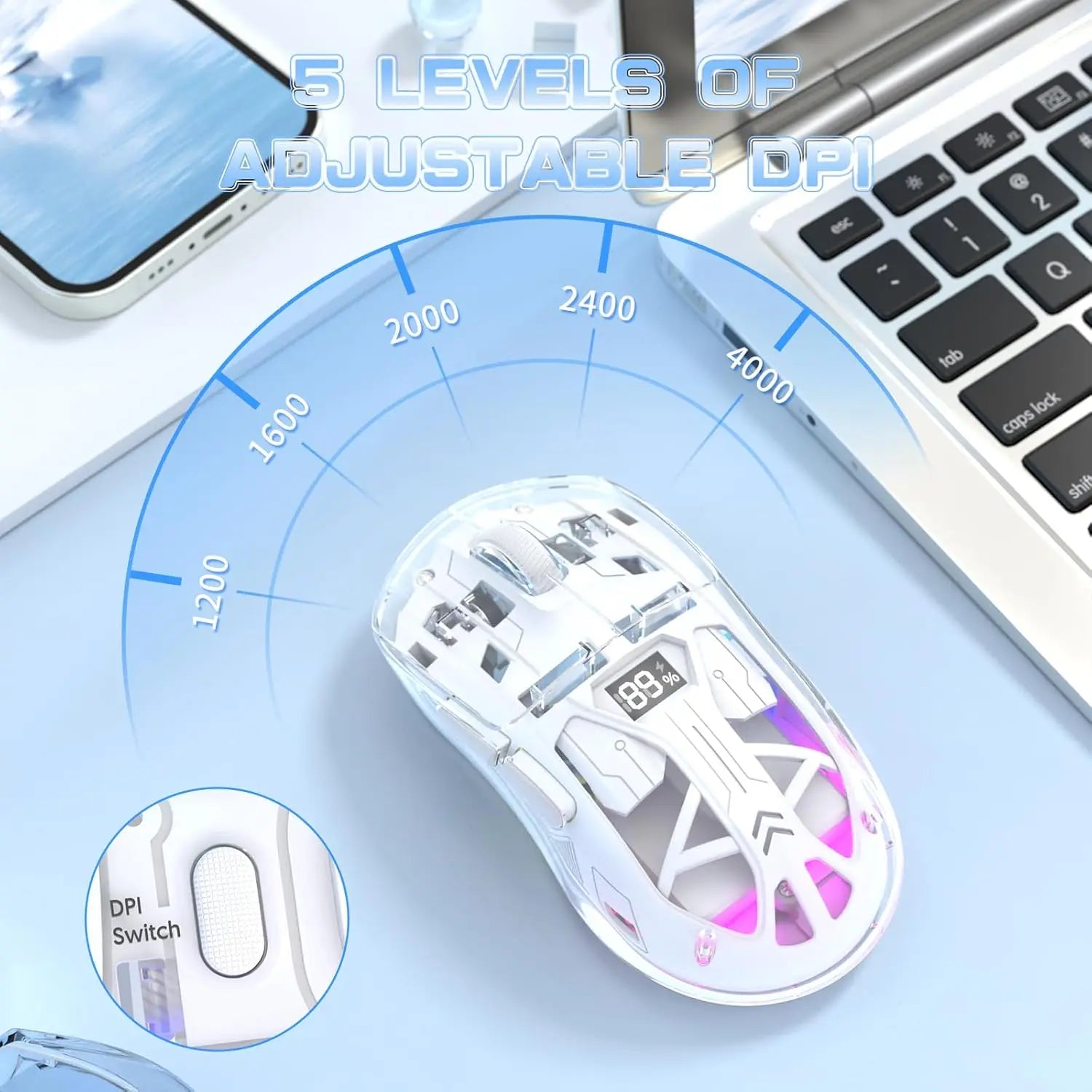 MAMBASNAKE x Freewolf A2 Transparent Wireless Gaming Mouse,Dual Mode BT 5.0/2.4G PC Gaming Mice