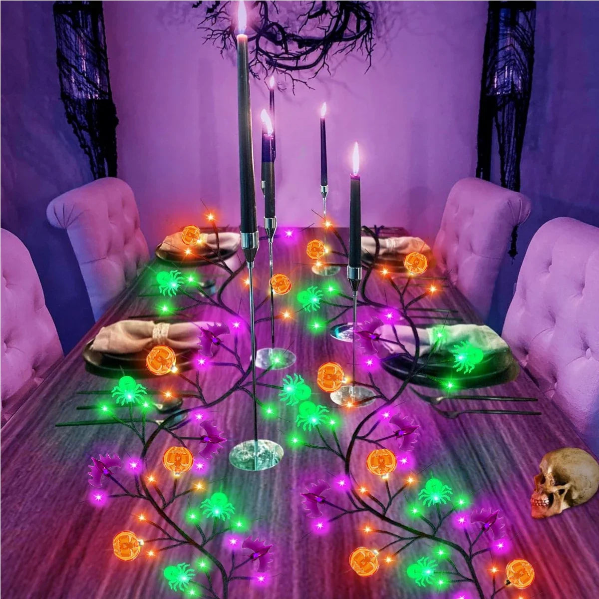 1.8m 54 LED Halloween Black Willow Vine String Lights With Bat Spider Pumpkin Decorative Lamp For Home Room Yard Halloween Decor