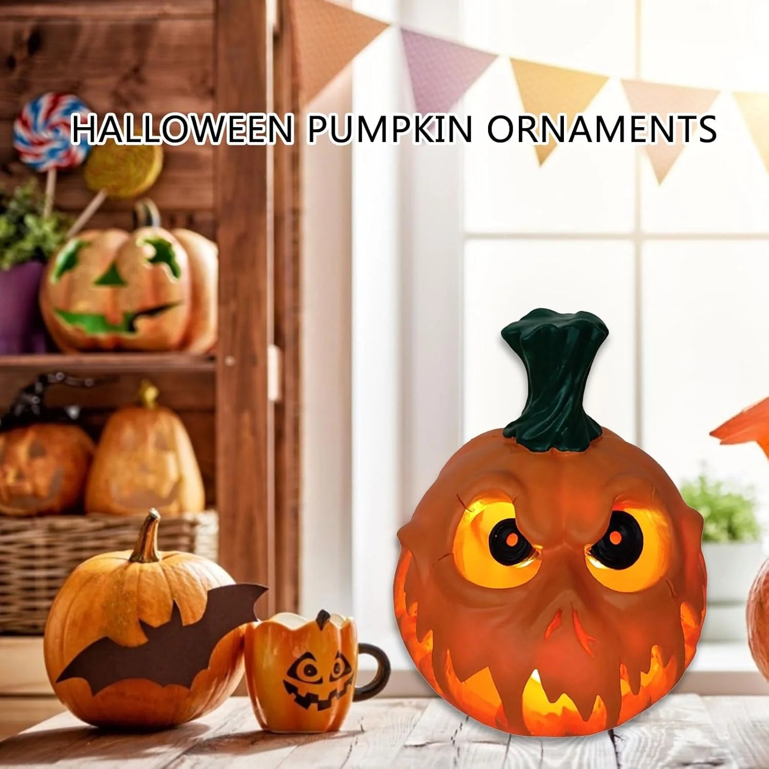 Giant Halloween Pumpkin Resin Decoration with White Electronic Candle Lights, Hollow Design Suitable for Indoor/Outdoor Holiday Decoration, Spooky Pumpkin Design | Carved Texture, Halloween Decorations