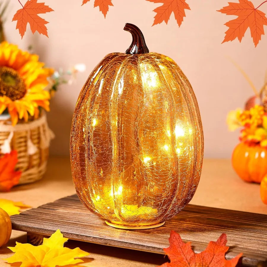 Large Glass Pumpkin LED Light for Fall and Thanksgiving Home Decor Ideal for Bedroom Bathroom Hallway and Halloween Nighttime A