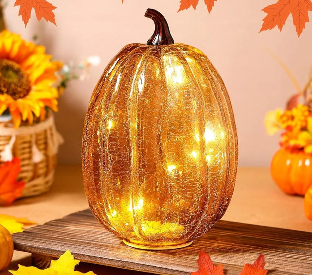 Large Glass Pumpkin LED Light for Fall and Thanksgiving Home Decor Ideal for Bedroom Bathroom Hallway and Halloween Nighttime A
