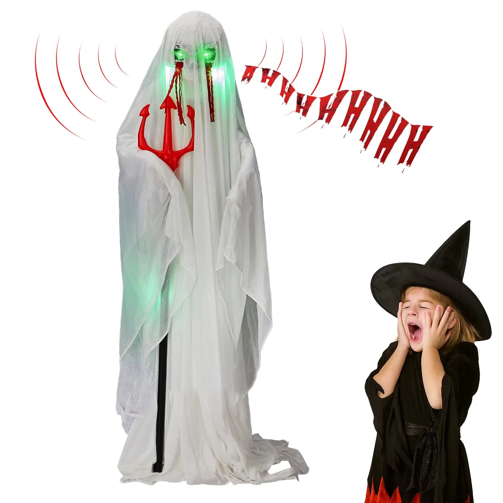 Halloween Decor 4.3 FT Sound-Actived Life Size Animatronics Ghost with Trident