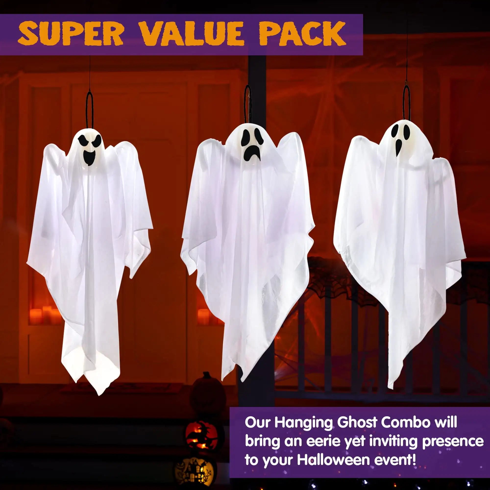 Joyfy 3 Pack Halloween Hanging Ghosts Decorations 27.5" Cute Scary Flying Ghosts Outdoor Hanging Halloween Decorations