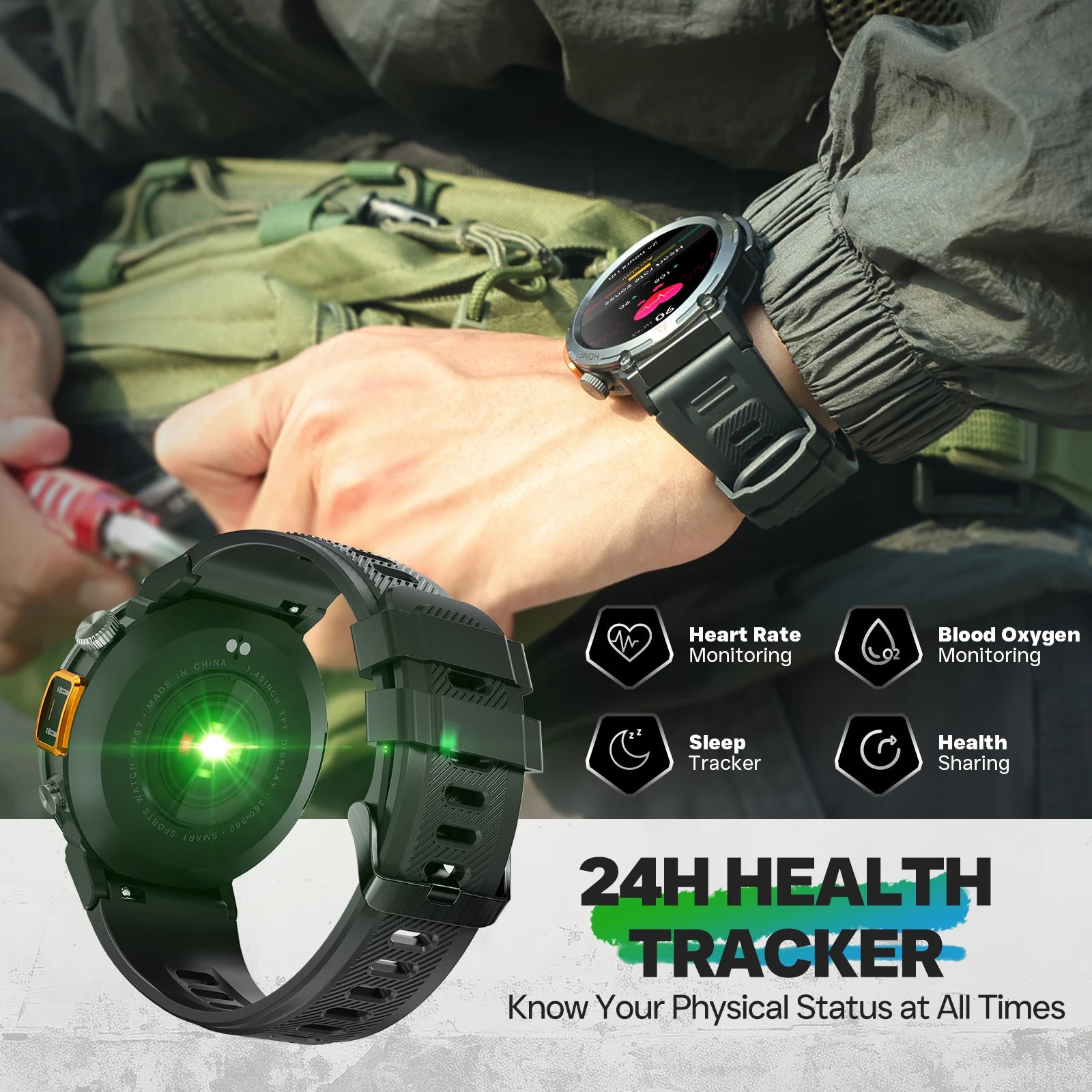 EIGIIS KE3 Smart Watch 3ATM Waterproof Original Design For Men Bluetooth Call Health Monitor With Flashlight 100+ Sports Modes