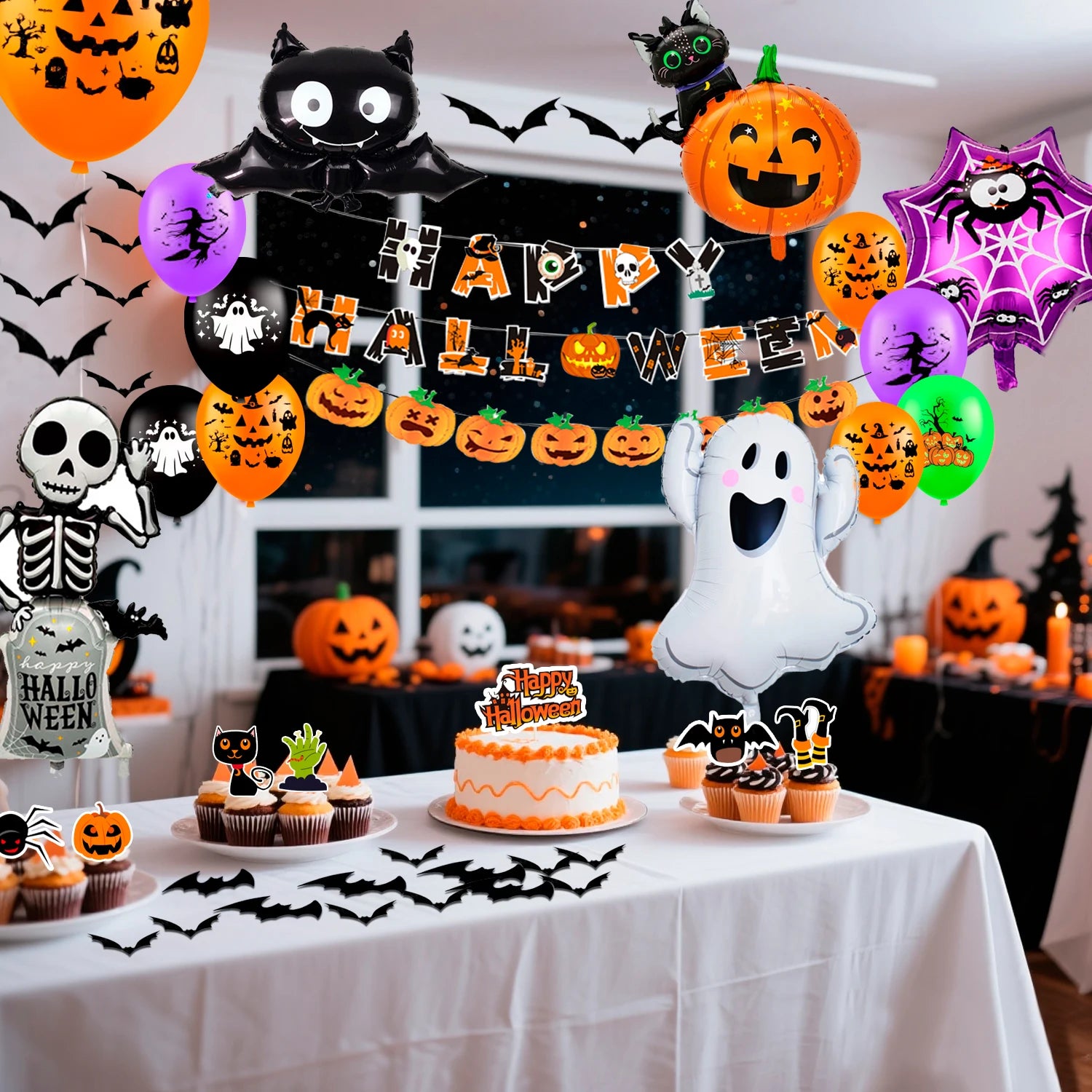 Halloween Party Supplies, 55 Pcs Halloween Party Kit-Happy Halloween Banner Balloons Cake Topper etc Happy Halloween Decorations