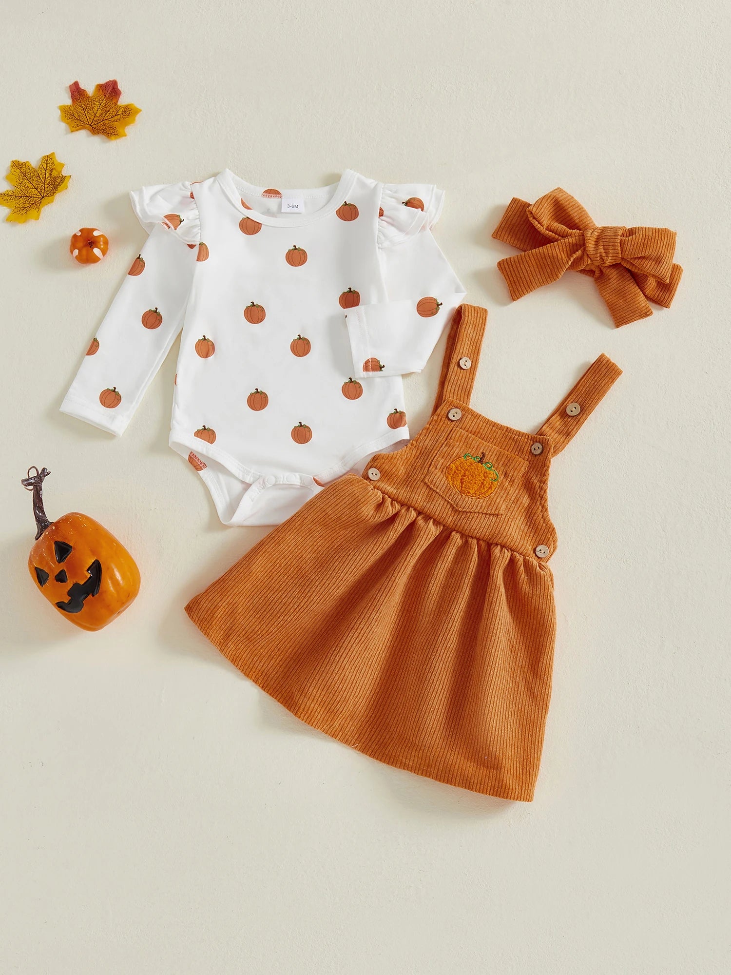 Adorable Toddler Girls Halloween Costume Set with Pumpkin Print Romper Suspender Dress and Headband - 3 Piece Outfit for Fall