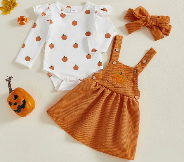 Adorable Toddler Girls Halloween Costume Set with Pumpkin Print Romper Suspender Dress and Headband - 3 Piece Outfit for Fall
