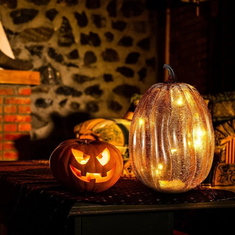 Large Glass Pumpkin LED Light for Fall and Thanksgiving Home Decor Ideal for Bedroom Bathroom Hallway and Halloween Nighttime A