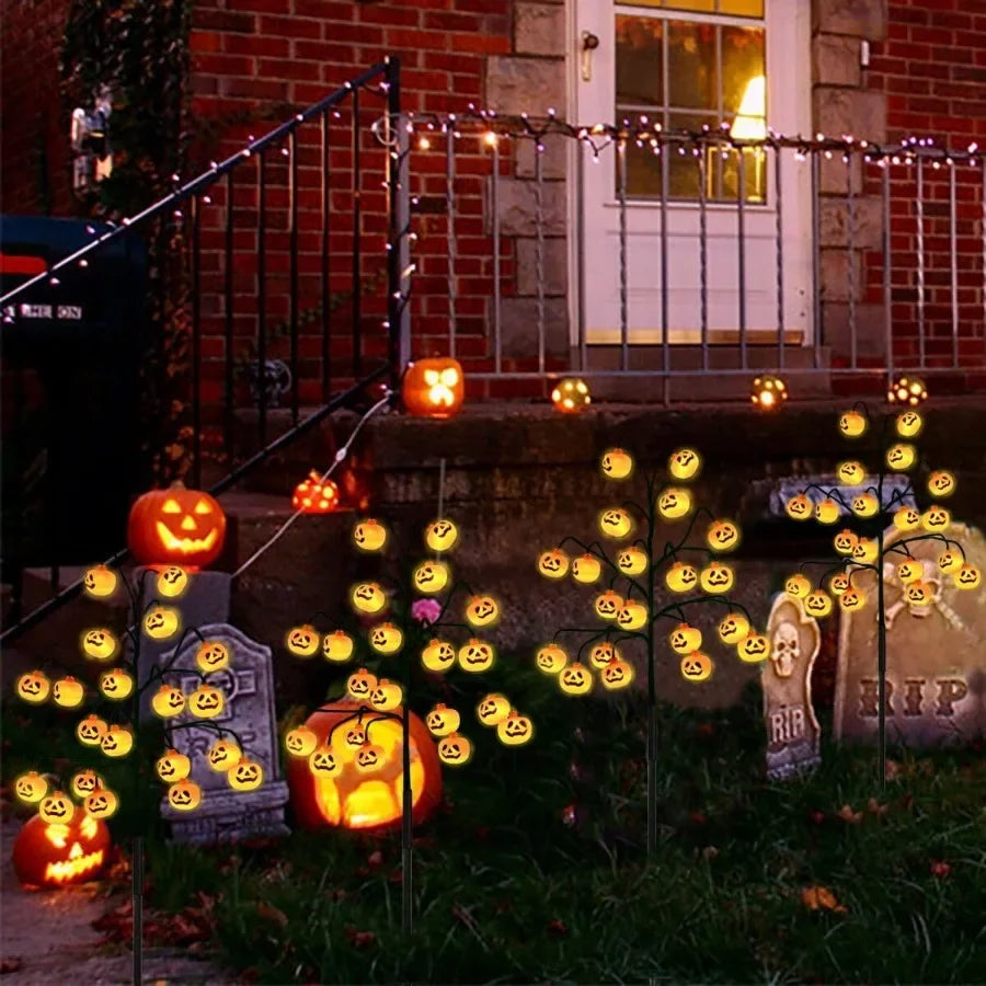 4 Pack 80 LED Halloween Solar Pumpkin Stake Lights for Outdoor Halloween Decorations Orange Jack O Lantern Pumpkins Solar Pathw