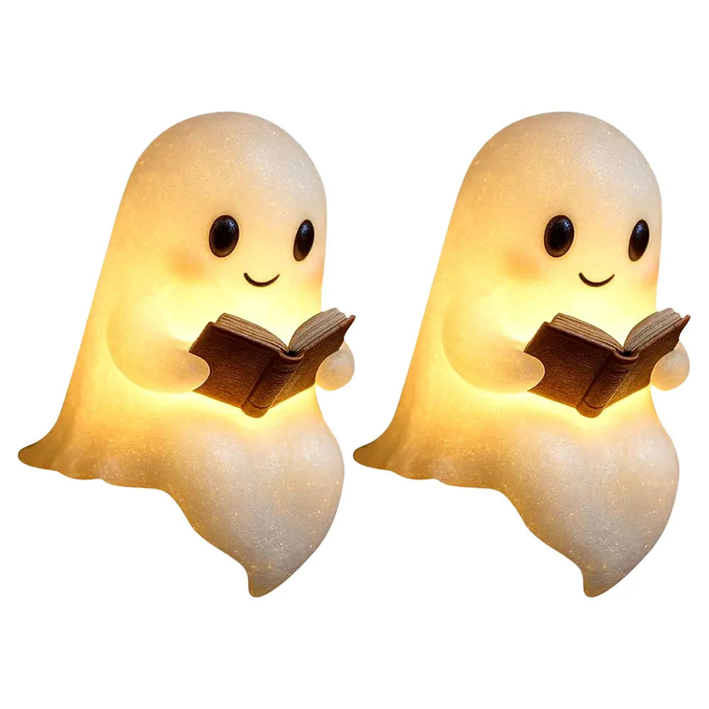1/2/4Pcs Cute Ghost Reading Book Lamp Halloween Spooky Ghost LED 3D Night Light Home Table Light Up Resin Figurines Decoration