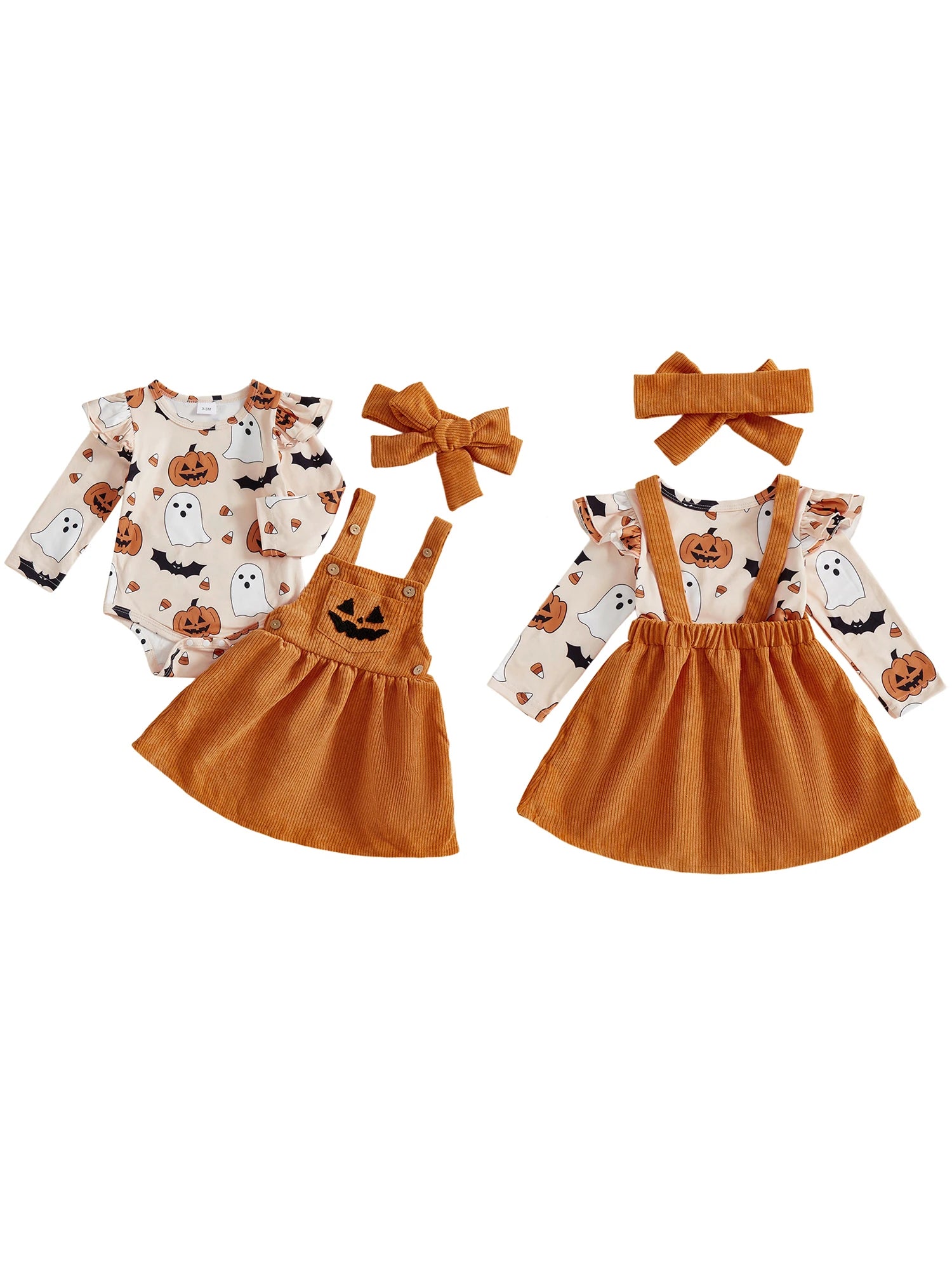 Adorable Toddler Girls Halloween Costume Set with Pumpkin Print Romper Suspender Dress and Headband - 3 Piece Outfit for Fall