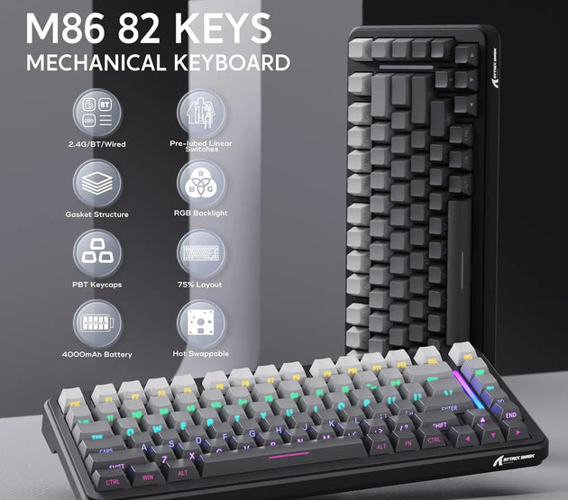 ATTACK SHARK M86 Wireless Mechanical Gaming Keyboard, 75% Gasket Hot Swappable RGB Custom Keyboard, Side Printed PBT Keycaps