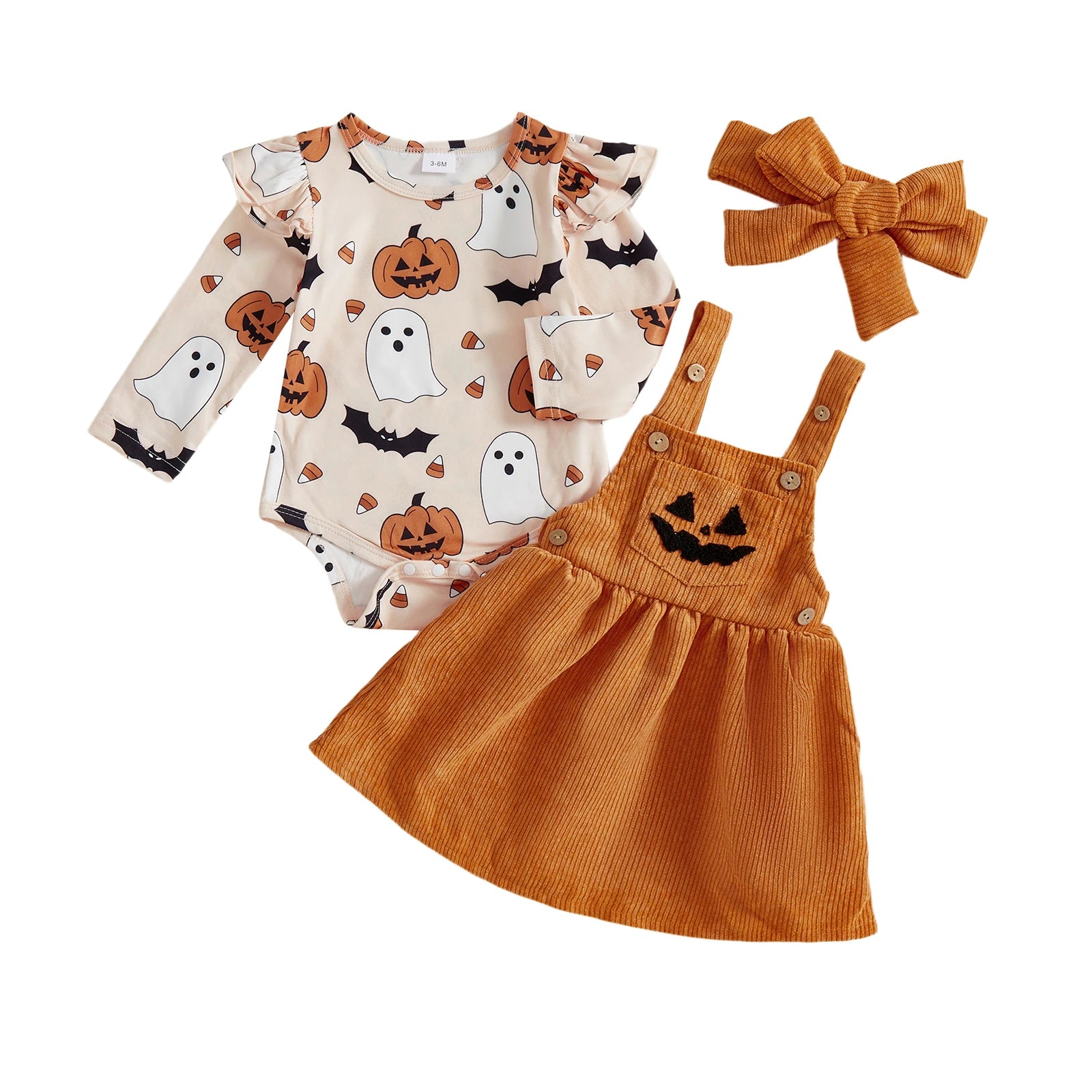Adorable Toddler Girls Halloween Costume Set with Pumpkin Print Romper Suspender Dress and Headband - 3 Piece Outfit for Fall