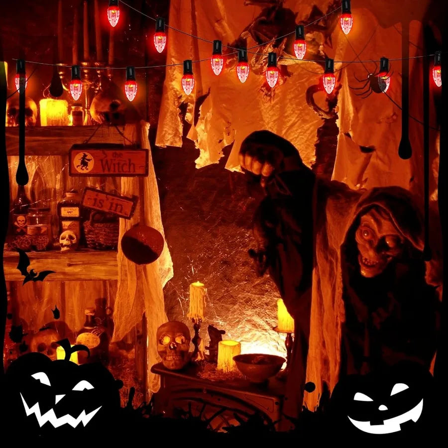 38Ft Halloween Pathway Lights C9 Flickering Flame String Lights with Stakes Waterproof Patio String Lights with 25 Flicker Ligh