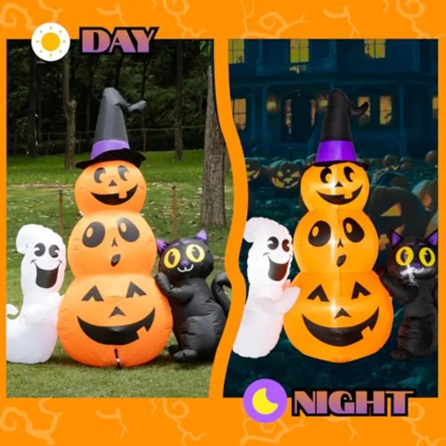 6 FT Halloween Inflatables Pumpkin Stack with Ghost and Black Cat Outdoor Decorations Featuring Builtin LED Lights for Spooky A
