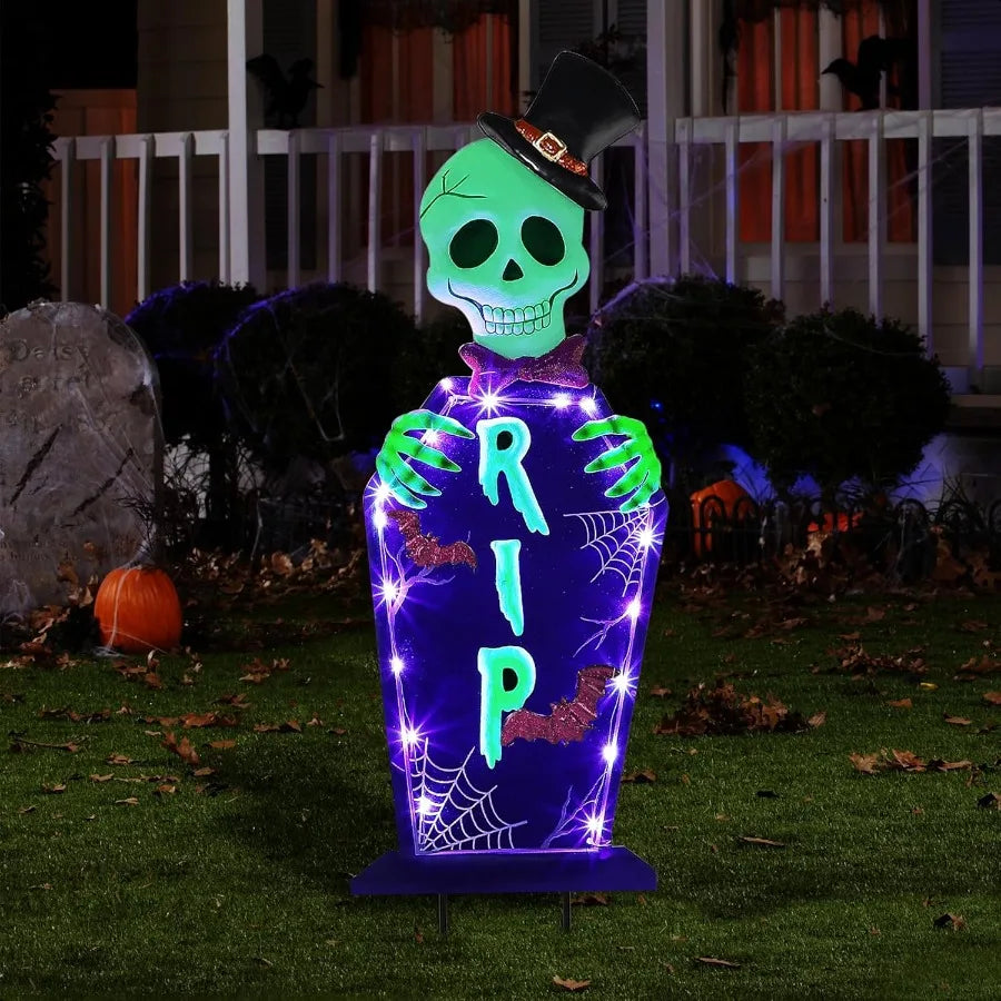 Joliyoou Halloween Yard Stake 26.4 Solar Lighted Metal Tombstone with Glow in The Dark Ghosts 18 LED Purple Lights Spooky Yard