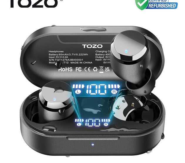 Refurbished TOZO Tonal Dots Headsets TWS In Ear Sport Earbuds Built-in LED Display ENC Calls Clear Touch Control Sound Stereo