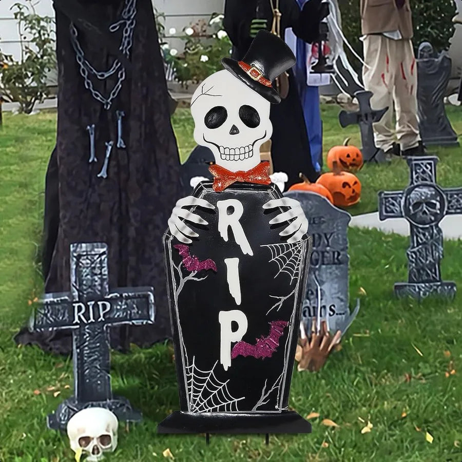 Joliyoou Halloween Yard Stake 26.4 Solar Lighted Metal Tombstone with Glow in The Dark Ghosts 18 LED Purple Lights Spooky Yard