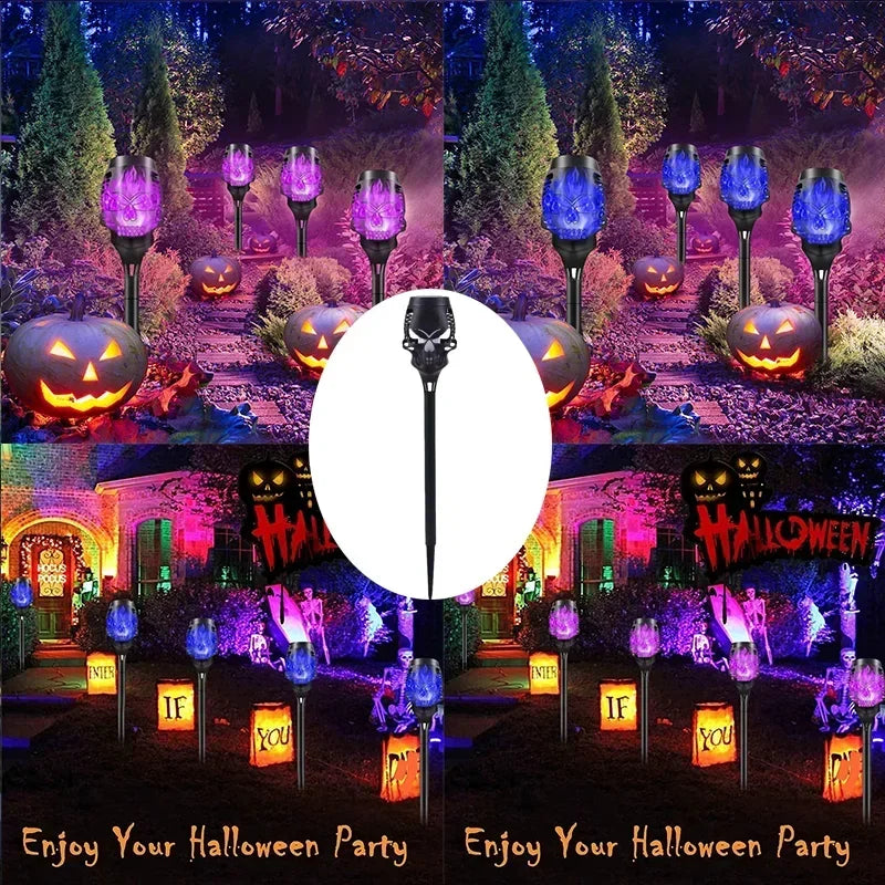 4pcs Skull-Shaped Solar-Powered Night Light Flame Torch Light Waterproof Garden Outdoor Lawn Decoration Lamp Halloween LED Lamps