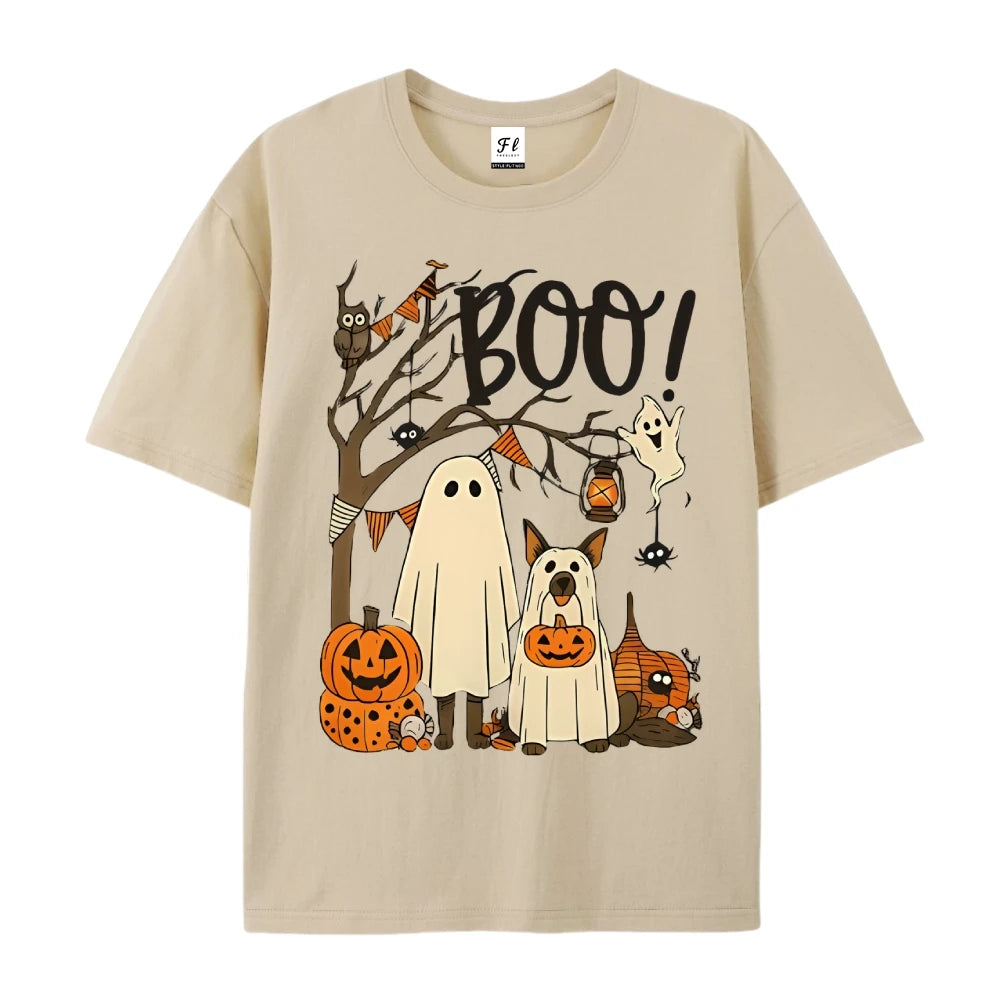 Halloween Cute Ghost Pumpkin T-shirt Funny Dog Graphic Tees Summer Breathable Women’s Cotton Fashion O-Neck Short Sleeve Tops