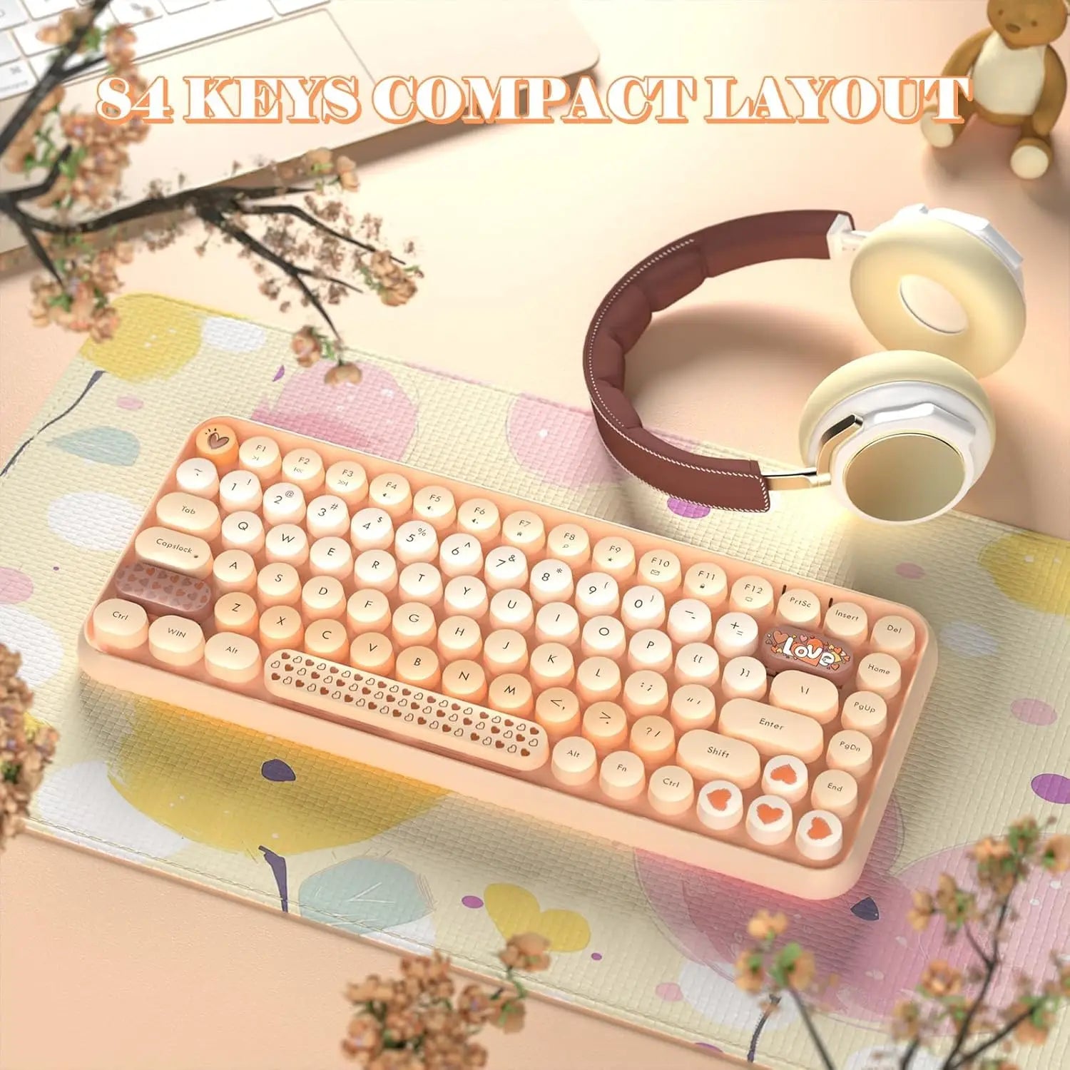 FELICON Wireless Bluetooth Keyboard, Mini Portable 84-Key Typewriter Retro Round Keycaps Keyboard,Compatible with Android, Win