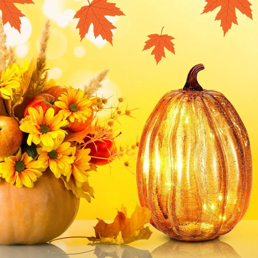 Large Glass Pumpkin LED Light for Fall and Thanksgiving Home Decor Ideal for Bedroom Bathroom Hallway and Halloween Nighttime A