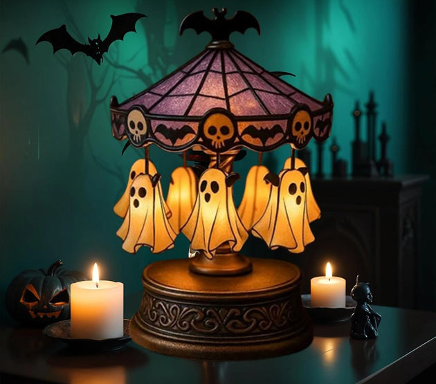 Halloween Ghost Carousel Ghost Night Light Up Kit Rechargeable Vintage Carousel Decorations Stained Glass Carousel For Bedroom