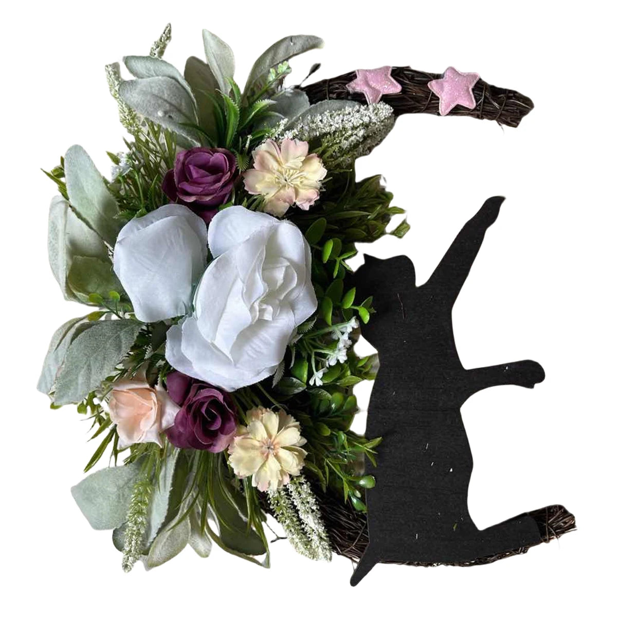 Halloween Moon Cat Wreath, 11.81 Inch Moon Shape Artificial Flower Wreath with Cat, Halloween Wreath for Front Door Wall