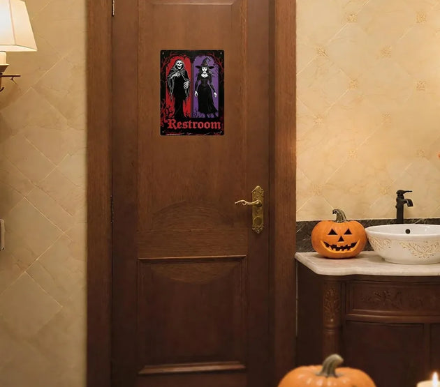 Halloween Bathroom Decor Sign Grim Reaper and Witch Metal Tin Sign Gothic Bathroom Decor Wall Art Halloween Decor Indoor for Pu