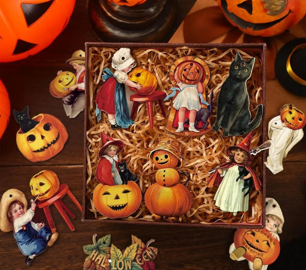 24 Pcs Halloween Wood Ornaments for Tree Vintage Halloween Decorations Hanging Sign Happy Pumpkin Witch Black Cat Skull Decorati